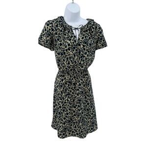 Ann Taylor LOFT Tan/Blue/Black Knee Length Floral Dress WMNS M Ruffle Tie Neck